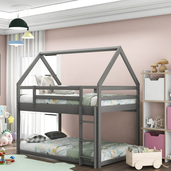 Harper & Bright Designs Twin Over Twin Low Bunk Bed, Wood House Bunk Bed Frame with Roofs, Floor Bunk Bed, Gray