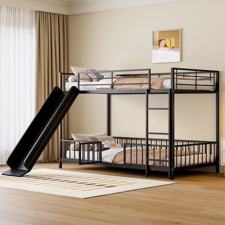 Harper & Bright Designs Twin Over Twin Metal Bunk Bed with Slide & Guardrails, Metal Bunkbeds Frame for Bedrooms, Black
