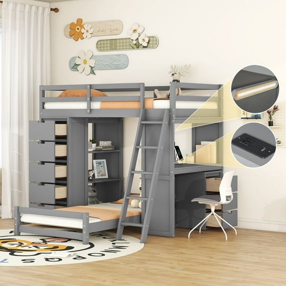Harper & Bright Designs Twin Over Twin Separable Bunk Beds with Desk and Drawers, Wood L-Shape Bunk Bed Frame with USB Ports and LED Ligh for Kids Teens, Gray