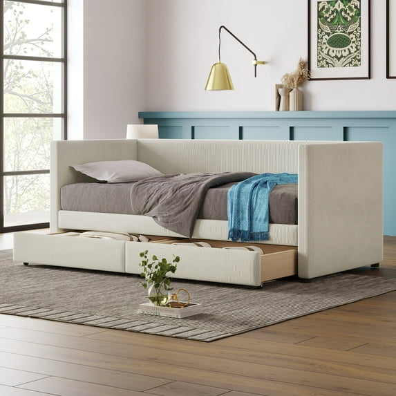 Harper & Bright Designs Twin Size Corduroy Daybed with 2 Storage Drawers, Modern Twin Upholstered Daybed Frame, Twin Sofa Bed for Living Room Bedroom Guest Room, Beige
