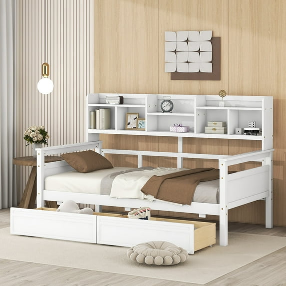 Harper & Bright Designs Twin Size Daybed with Bedside Shelf and Two Drawers, Wooden Captain Platform Bed with Built-in Bookshelves for Boys Girls Bedroom, White