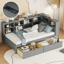 Harper & Bright Designs Twin Size Daybed with L-shaped Bookcase and 2 Drawers, Wooden Day Bed with Storage Shelf and USB Charging Ports, Grey