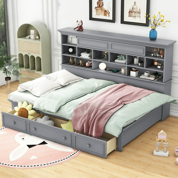 Harper & Bright Designs Twin Size Daybed with Multi-Storage Shelves and Drawers, Wooden BedFrame with Charging Station for Bedroom, Gray