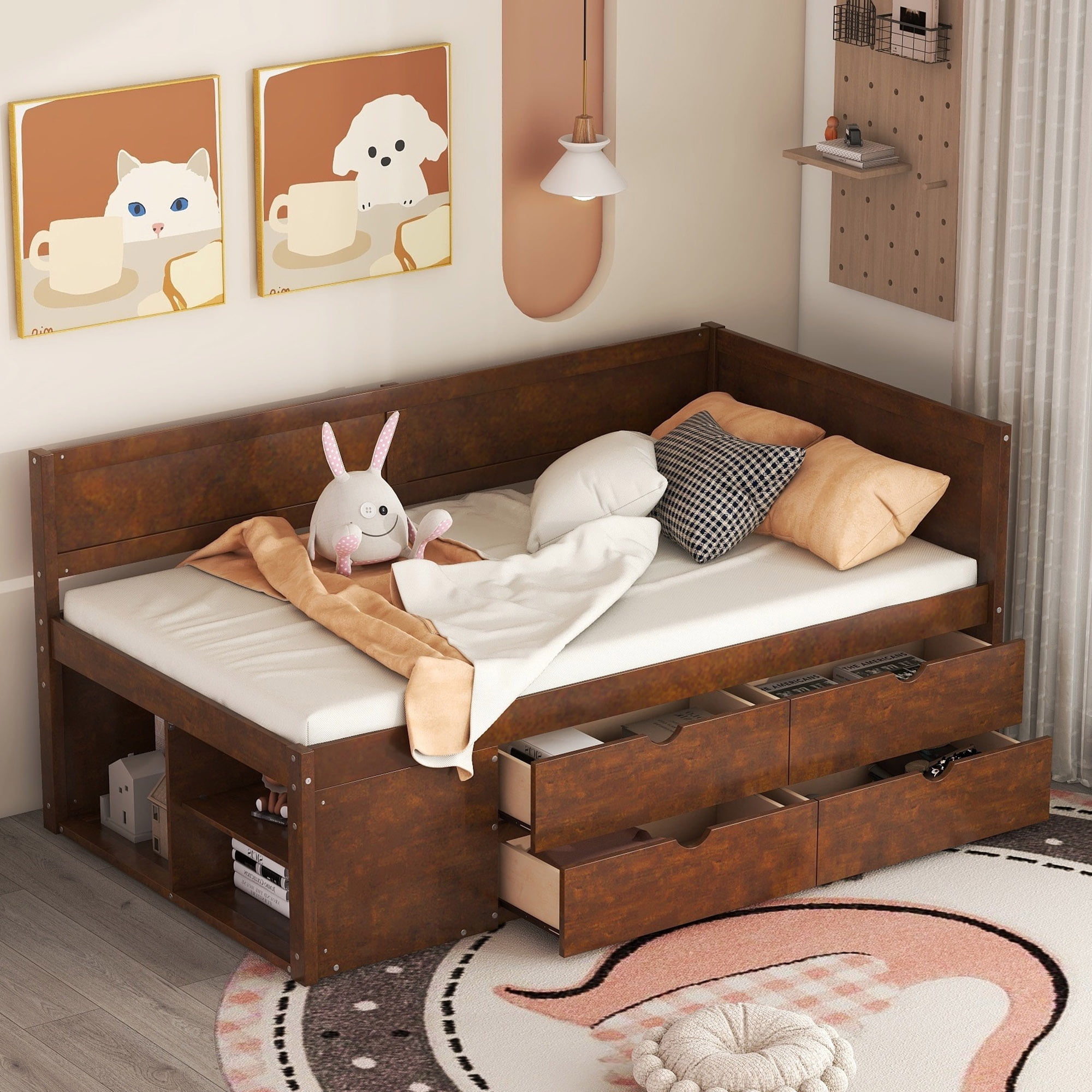 Churanty Twin Size Daybed with Storage Shelves and Drawers Wood Corner Captain Beds L Shaped Headboardfor Kids Boys Girls Teens Walnut