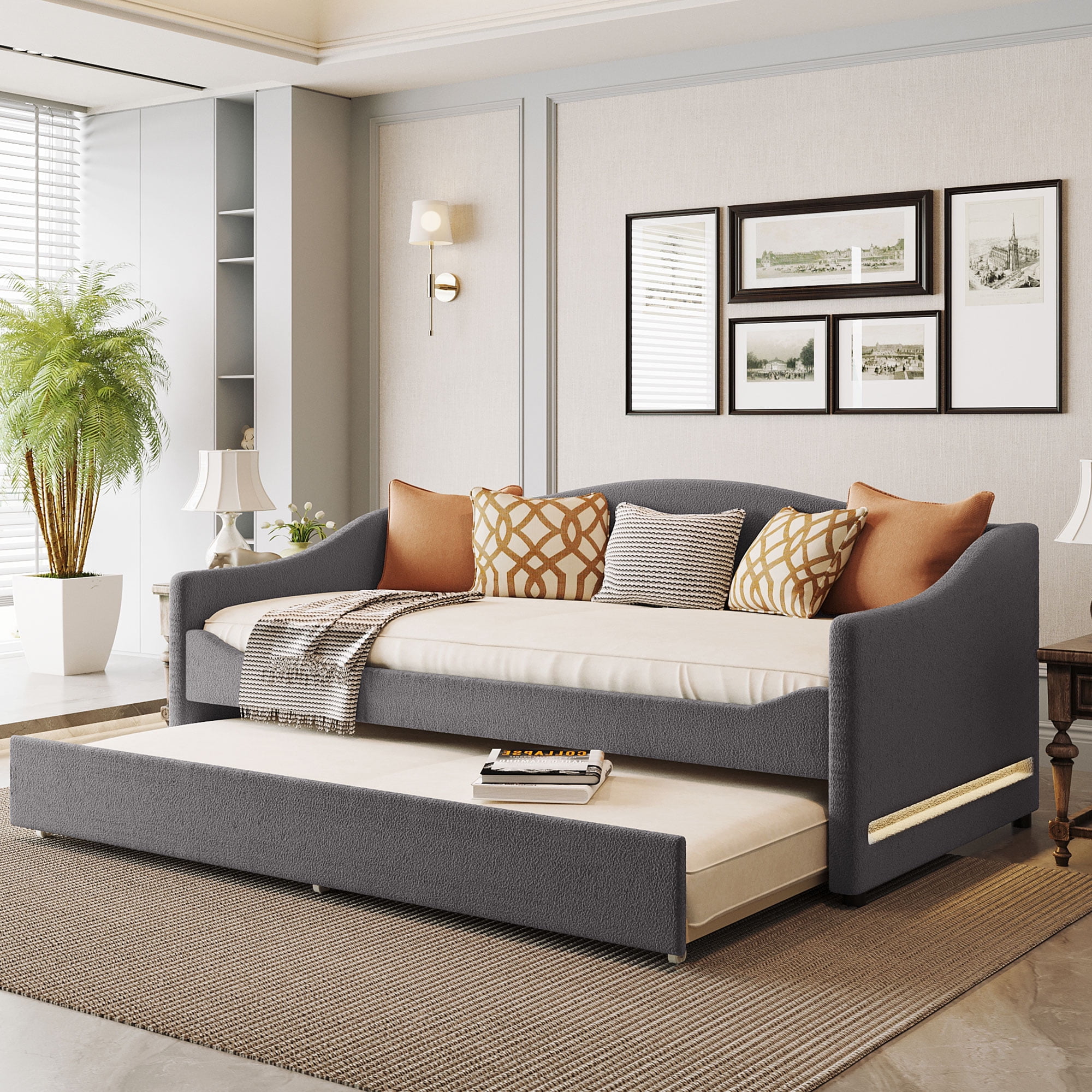 Churanty Twin Size Daybed with Trundle, Teddy Fleece Twin Upholstered