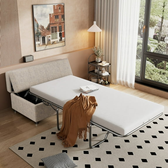 Harper & Bright Designs Twin Size Folding Ottoman Sleeper Bed with Mattress, Fold Out Sleeper Sofa Bed, Convertible Ottoman into Sofa Bed for Living Room Small Apartment Office, Light Gray