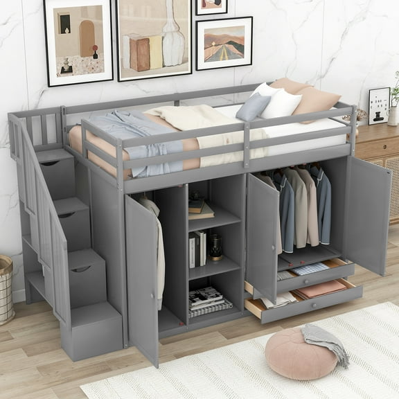 Harper & Bright Designs Twin Size Functional Loft Bed with Wardrobes and Shelves, Wood Loft Bed Frame with Storage Stairway ans 2 Drawers, Gray