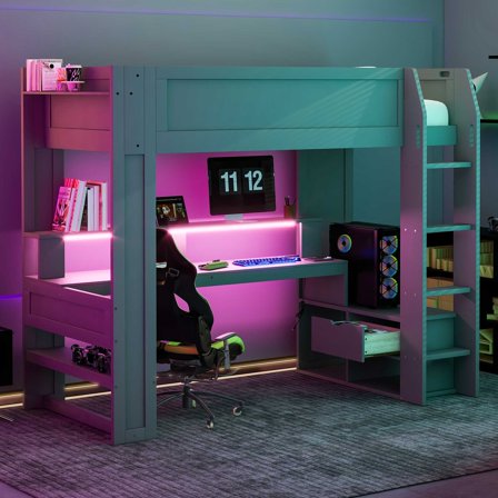 Harper & Bright Designs Twin Size Gaming Loft Bed with Desk, LED and Charging Station, Wood Loft Bed Frame with Multi-Storage Shelves, Dark Gray