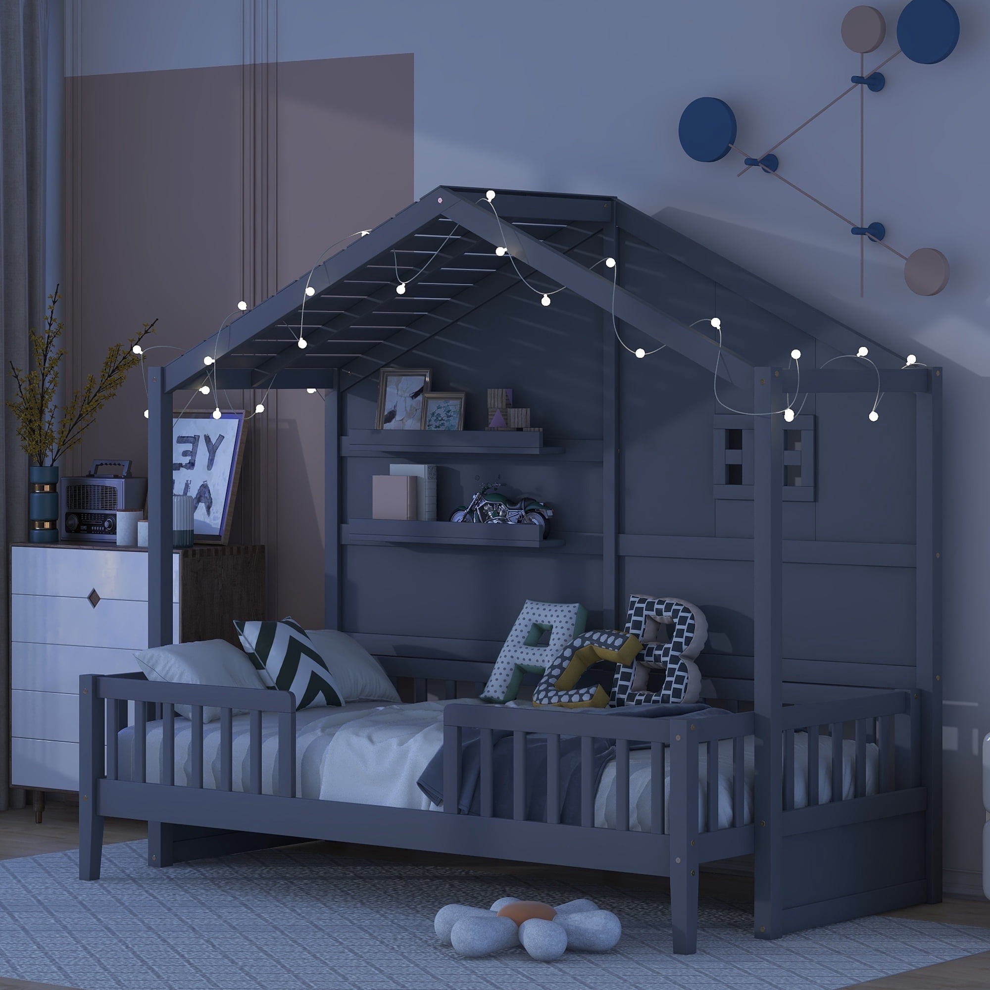 Harper & Bright Designs Twin Size House Bed with Storage Shelves and Rails, Wood Kids Montessori Bed Frame with Window and Sparkling Light Strip on The Roof for Boy Girls, Gray