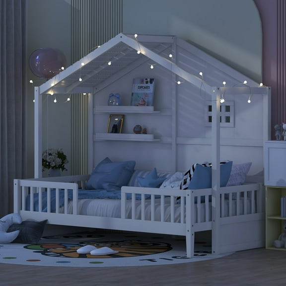 Harper & Bright Designs Twin Size House Bed with Storage Shelves and Rails, Wood Kids Montessori Bed Frame with Window and Sparkling Light Strip on The Roof for Boy Girls, White