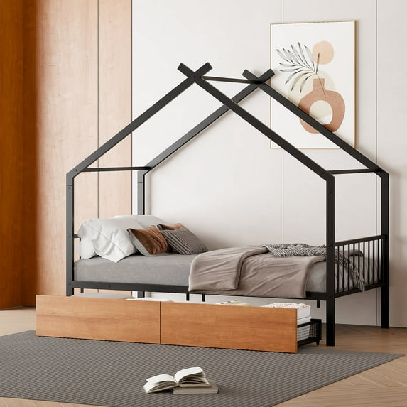 Harper & Bright Designs Twin Size House Bed for Boys Girls, Metal Platform Bed with 2 Storage Drawers, Montessori Bed with Roof Design for Boys Girls, Black