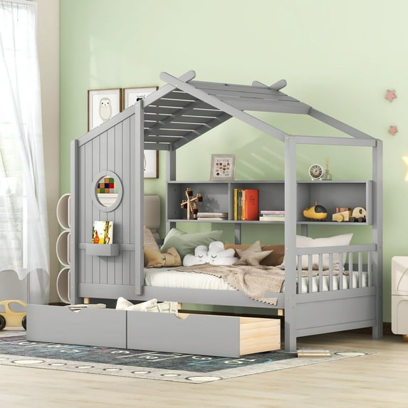 Harper & Bright Designs Twin Size House Bed with Roof and Window, Wooden Daybed Frame with Shelves and 2 Drawers for Girls Boys, Gray