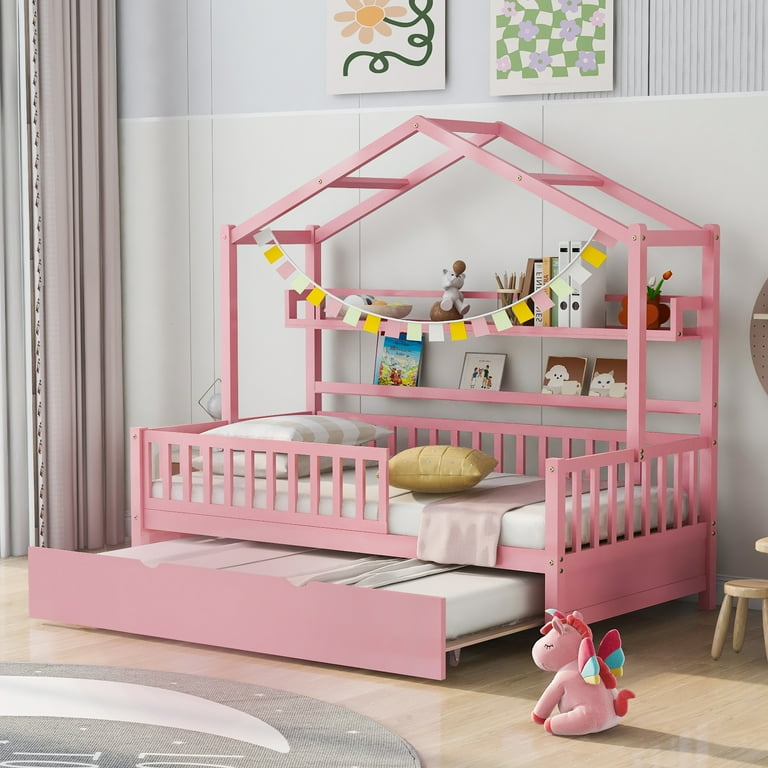 Churanty Twin Size House Bed with Trundle and Storage Shelves, Kids  Platform Bed with Fence Rails Wood Playhouse Tent Bed Frame for Girls  Boys,Pink