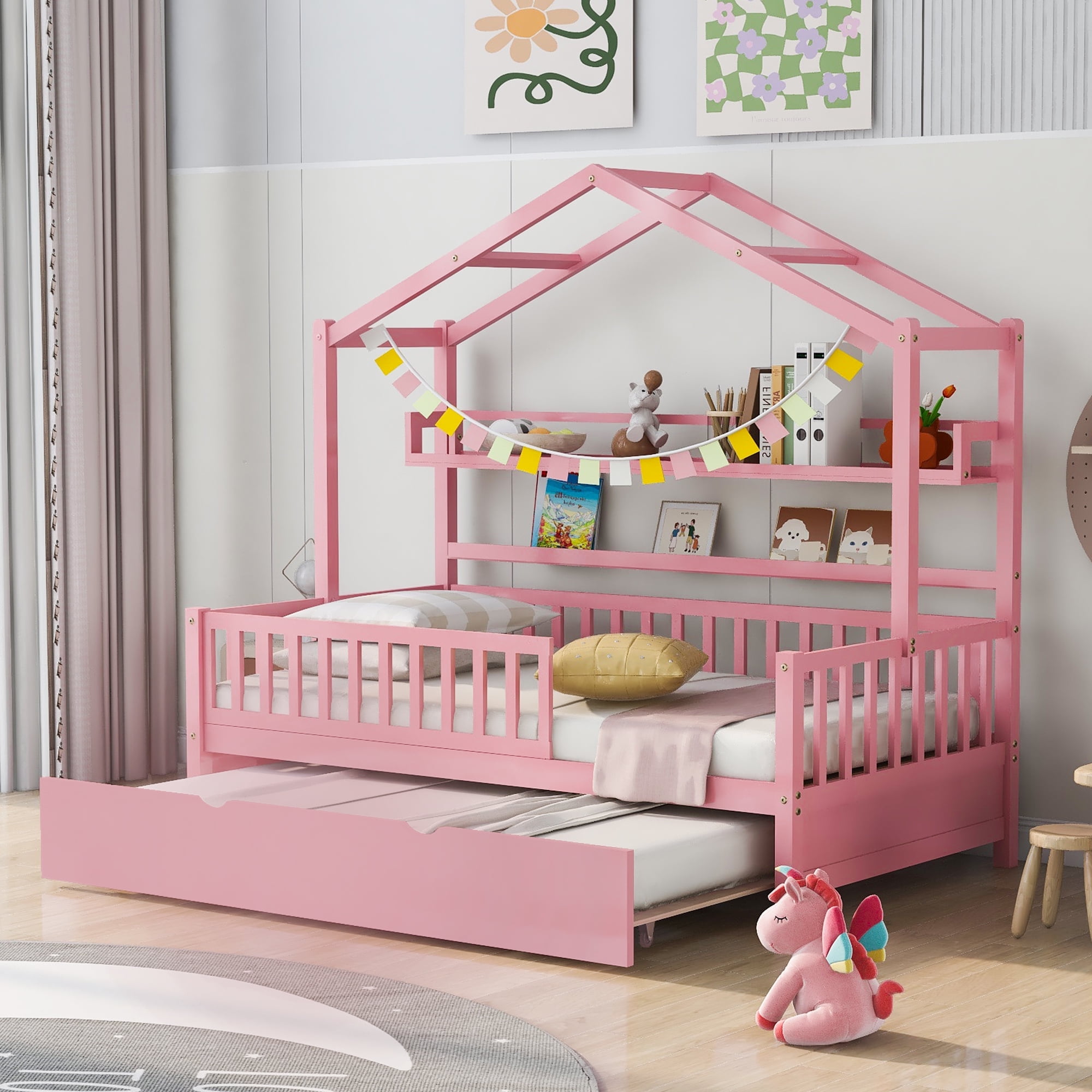Harper & Bright Designs Twin Size House Bed with Trundle and