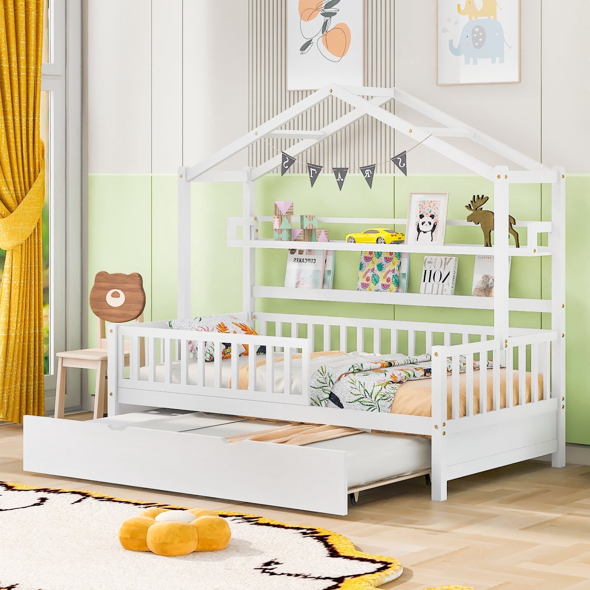 Harper & Bright Designs Twin Size House Bed with Trundle and Storage Shelves, Platform Bed with Fence Rails Wood Playhouse Tent Bed Frame for Girls Boys, White