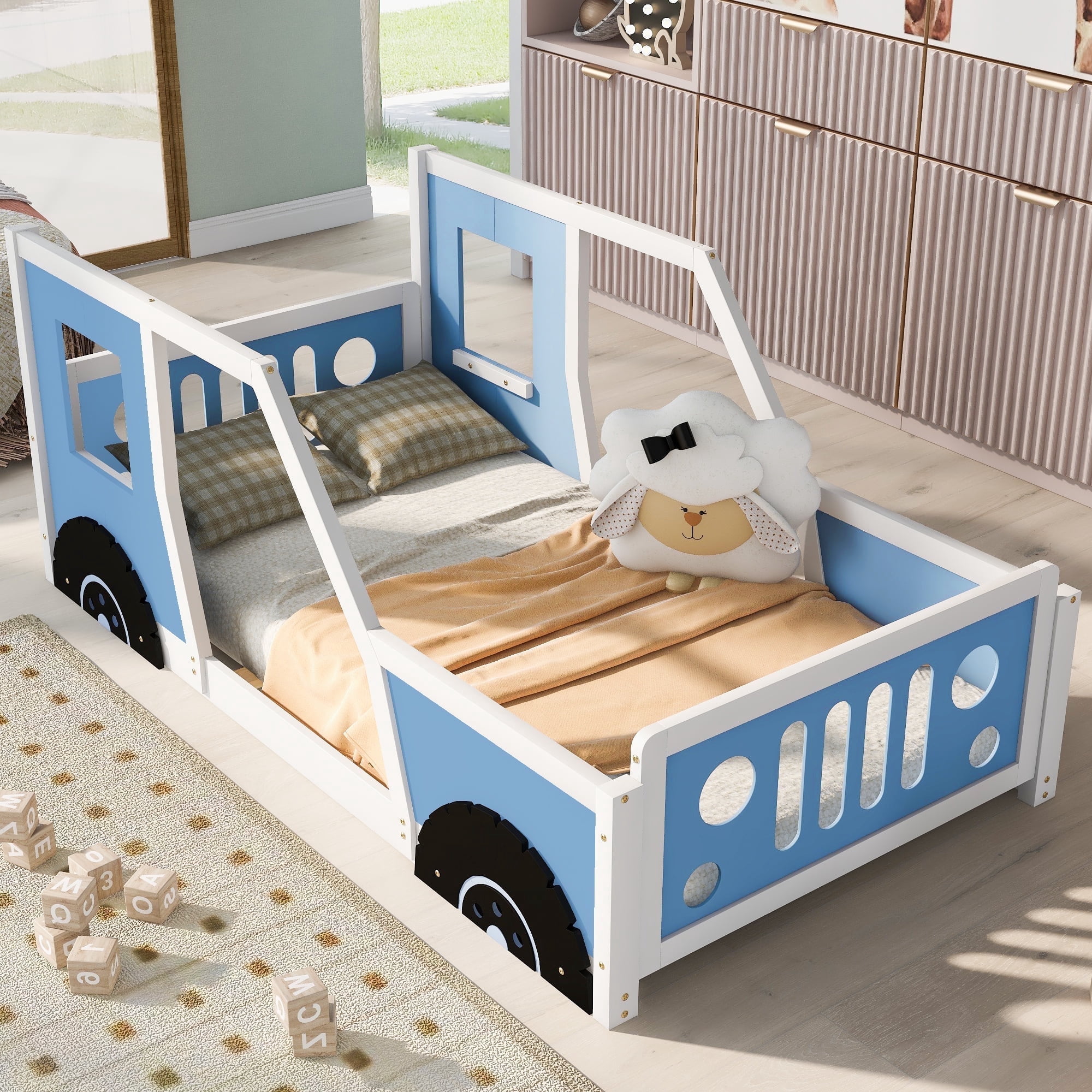 Harper & Bright Designs Twin Size Car-Shaped Platform Bed with Wheels, Wood Car-Bed Low Floor Bed Frame with Headboard and Footboard, White Blue
