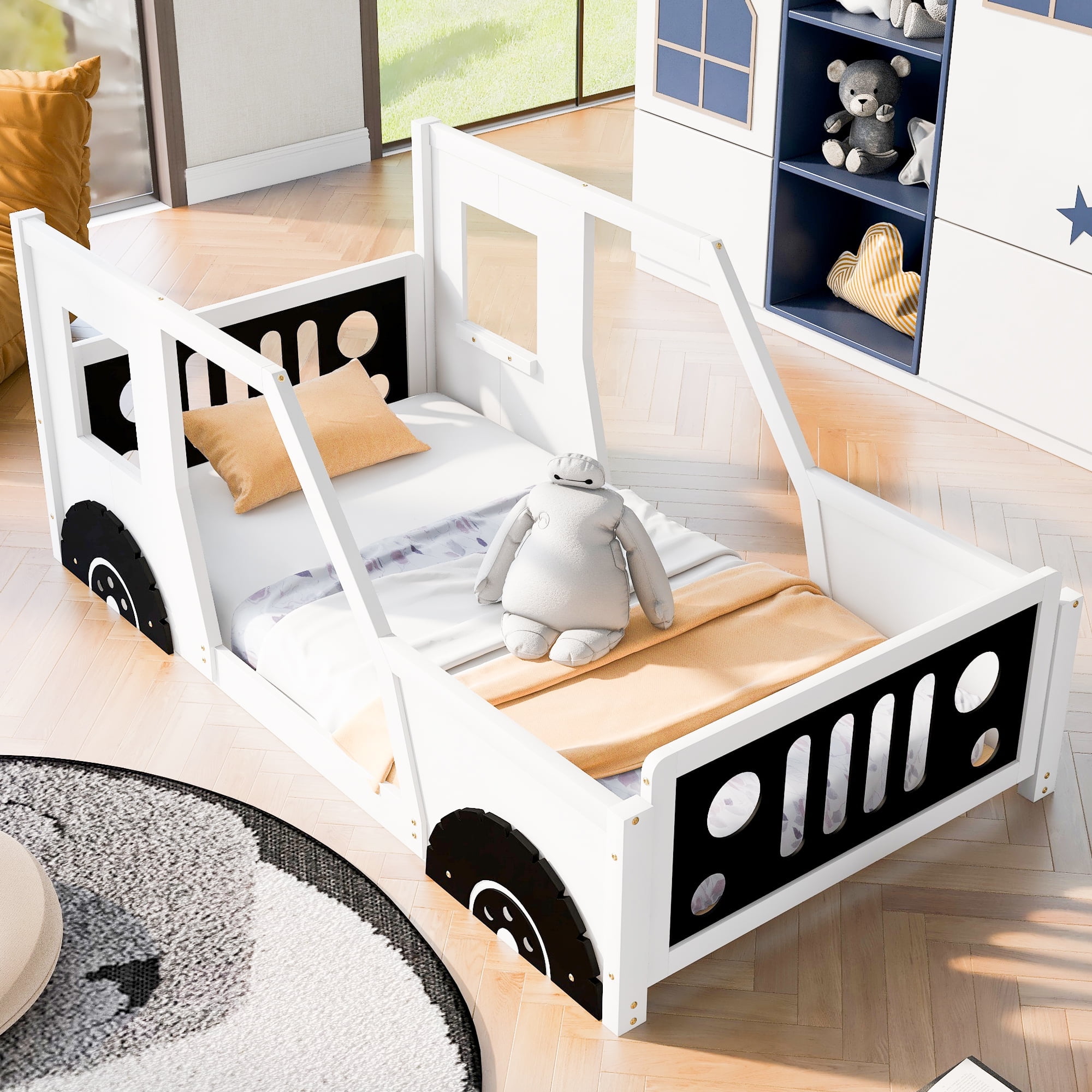 Harper & Bright Designs Twin Size Car-Shaped Platform Bed with Wheels, Wood Car-Bed Low Floor Bed Frame with Headboard and Footboard, White White