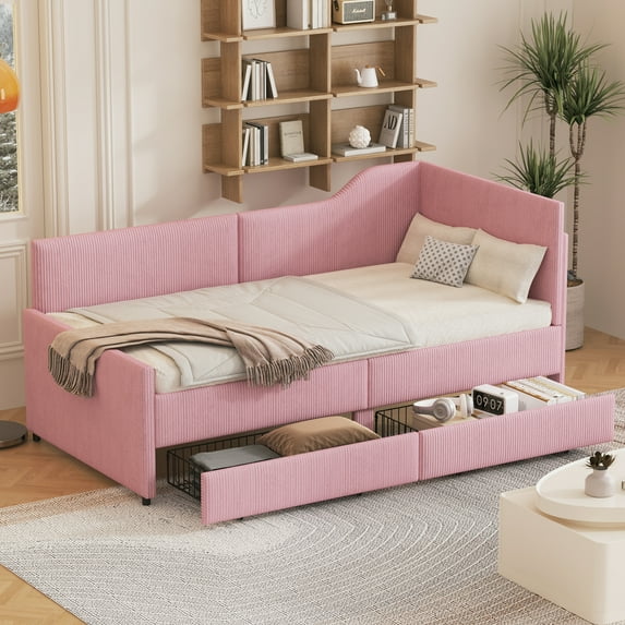 Harper & Bright Designs Twin Size L-Shaped Upholstered Daybed with 2 Storage Drawers, Modern Corduroy Wooden Corner Sofa Bed Frame for Bedroom, Guestroom, Pink