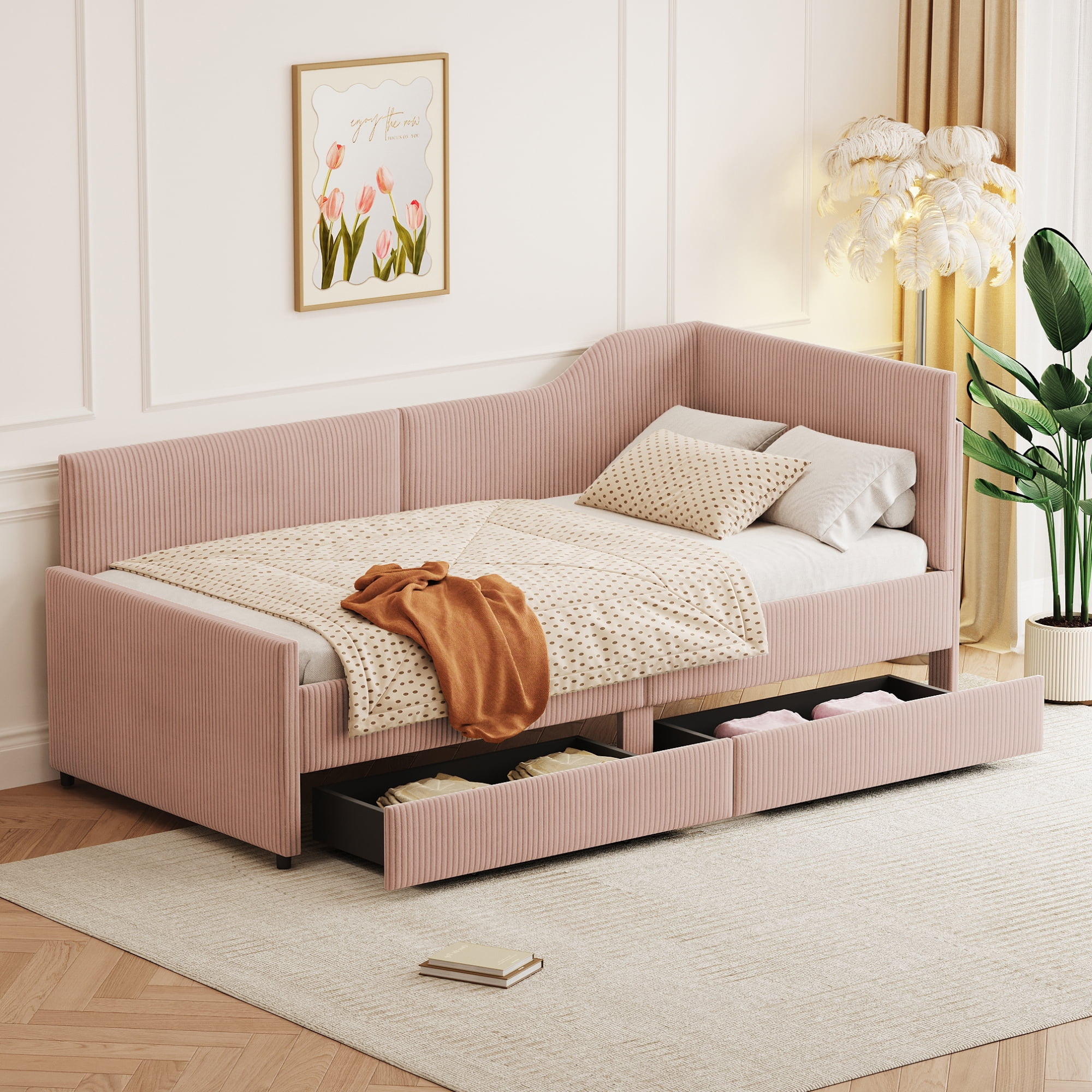 Churanty Twin Size L Shaped Upholstered Daybed with 2 Storage Drawers Modern Corduroy Wooden Corner Sofa Bed Frame for Bedroom Guestroom Pink