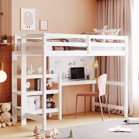 Harper & Bright Designs Twin Size Loft Bed with Desk and Shelves, Wooden Loft Bed with Storage Shelves and Writing Board, Twin Loft Bed Frame for Boys Girls with Stairs, White
