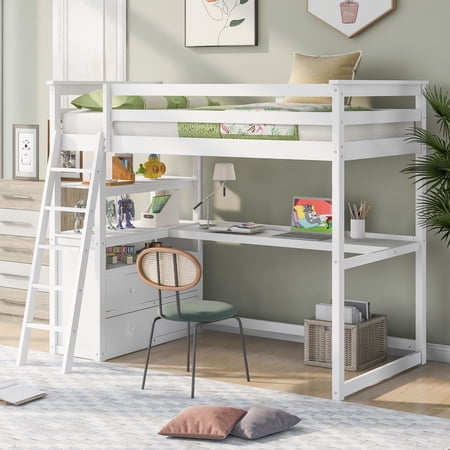 Harper & Bright Designs Twin Size Loft Bed with Desk, Shelves and Two Built-in Drawers, Wooden Space-Saving Loft Bed Frame for Boys Girls, White