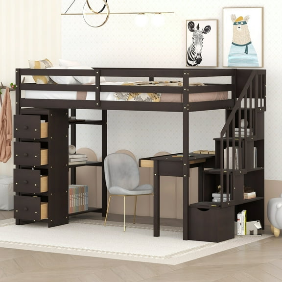 Harper & Bright Designs Twin Size Loft Bed with Desk and Stairs, Wooden High Loft Bed with Drawers and Shelves, Espresso