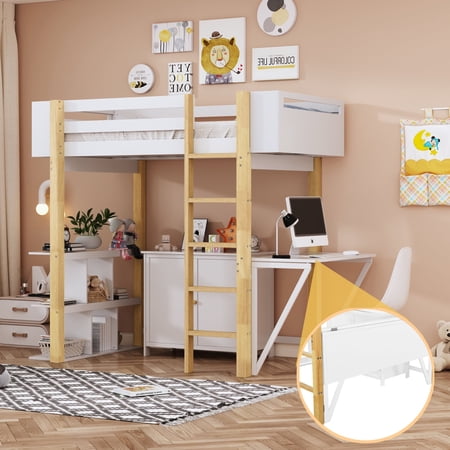 Harper & Bright Designs Twin Size Loft Bed with Foldable Desk, Wood Loft Bed Frame with Built-in Storage Cabinet and Cubes, White