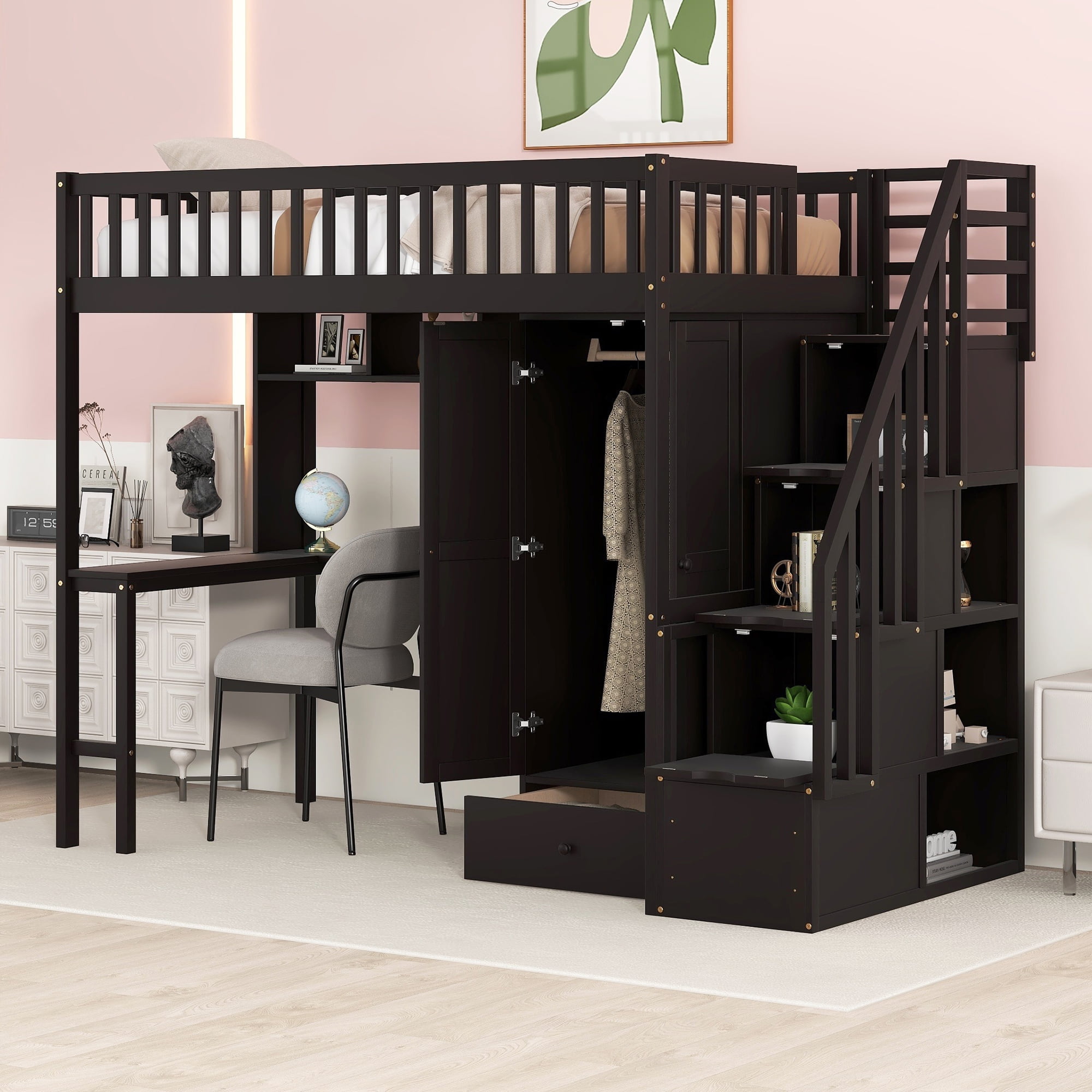 Churanty Twin Size Loft Bed with Storage Stairs Desk Wardrobe Drawers