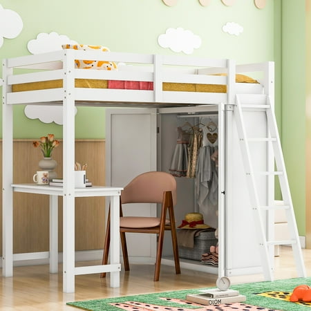 Churanty Twin Size Loft Bed with Wardrobe and Desk for Kids, Wood High Twin Loft Bed Frame with Shelves,White