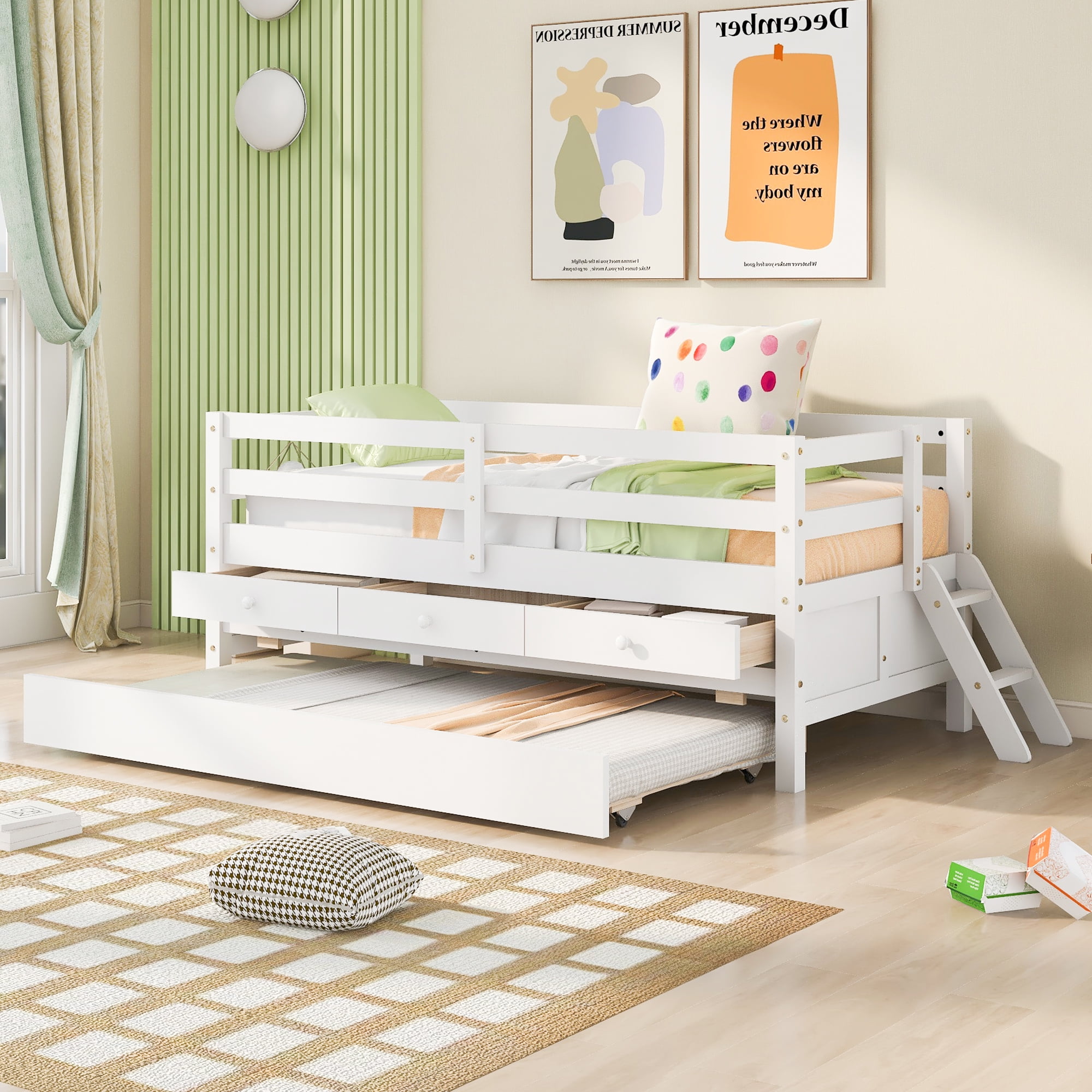 Churanty Twin Size Low Loft Bed with Trundle and Full Safety Fence