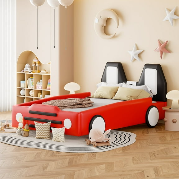 Harper & Bright Designs Twin Size PU Race Car-Shaped Platform Bed with Wheels and Headboard, Wooden Bed Frame w/Rails on Both Sides for Boys Girls Bedroom, Red