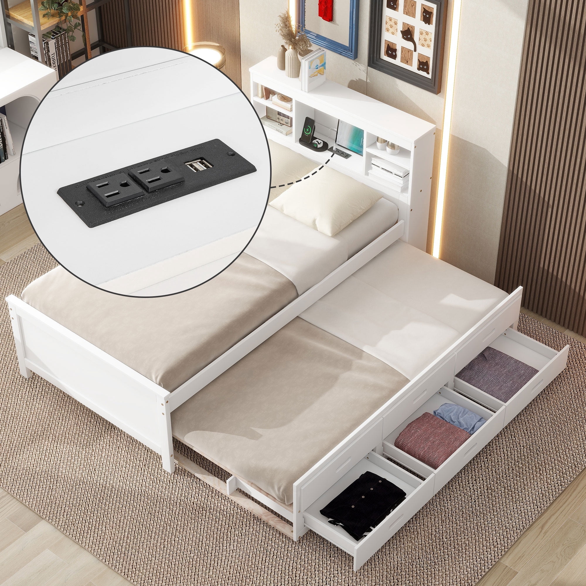 Harper & Bright Designs Twin Size Platform Bed with Trundle, Storage ...