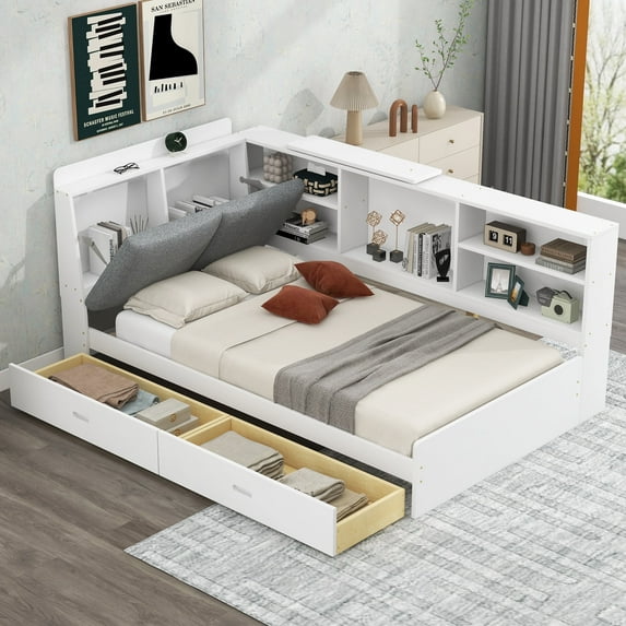 Harper & Bright Designs Twin Size Platform Bed with Storage Headboard and Shelves, Wooden Daybed Frame with Side Bookcase and 2 Drawers, White