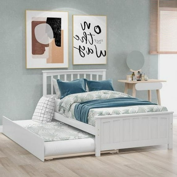 Harper & Bright Designs Twin Size Platform Bed with Trundle for Bedroom, White