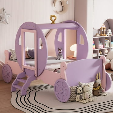Churanty Twin Size Princess Bed for Girls, Wood Princess Carriage Bed with Crown, Kids Twin Car Camping Platform Bed Frames with Stair,Purple+Pink