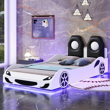 Churanty Twin Size Race Car Bed for Boys, Car Shaped Bed with LED Light and Upholstered Backrest, Wood Car Bed Platform Frame Bed for Kids, White