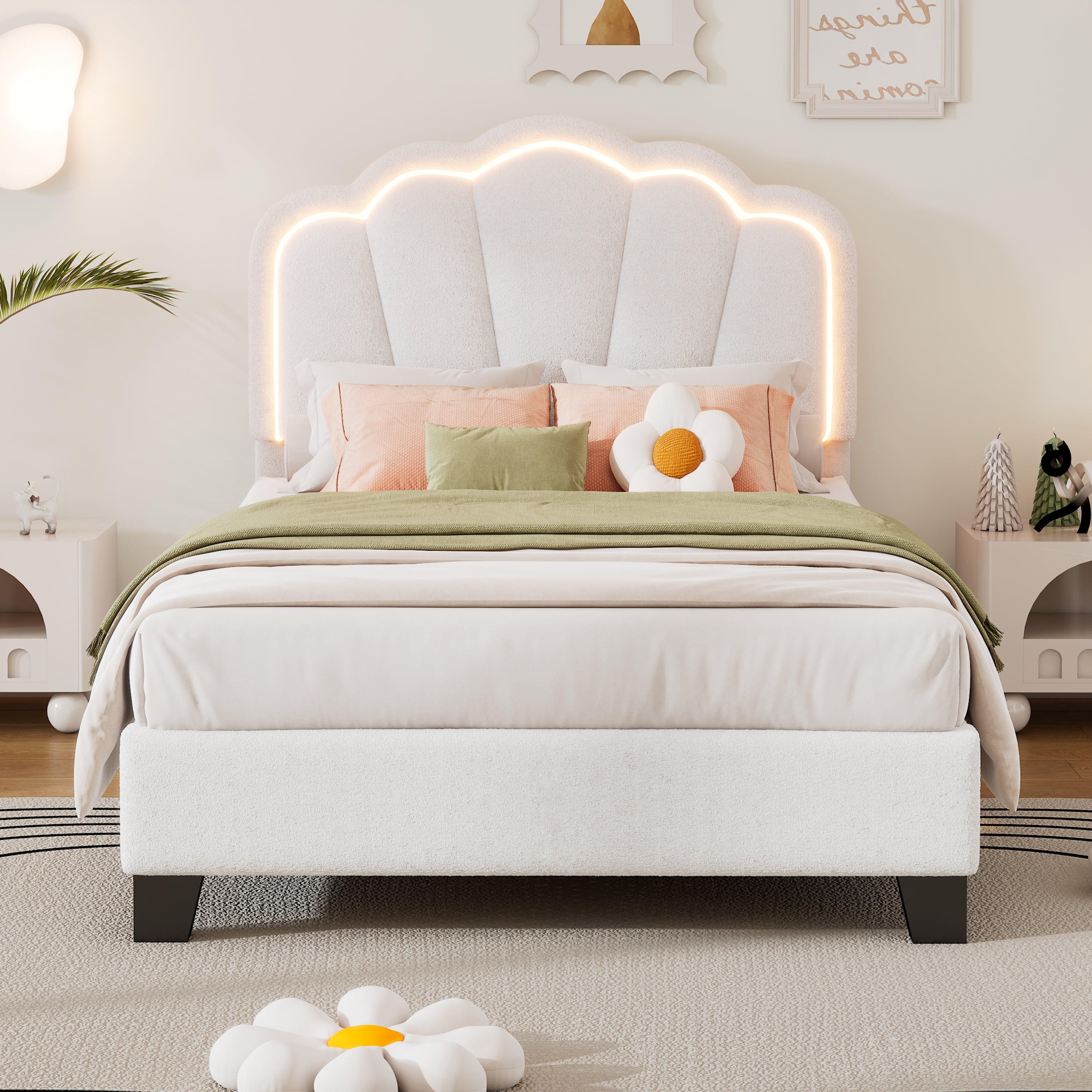 White Twin Sherpa Upholstered Bed with LED Flower Headboard