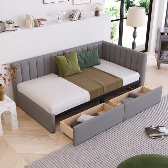 Harper & Bright Designs Twin Size Upholstered Daybed with Storage Drawers, Linen L-Shaped Sofa Bed with Headboard and Armrest for Bedroom, Gray