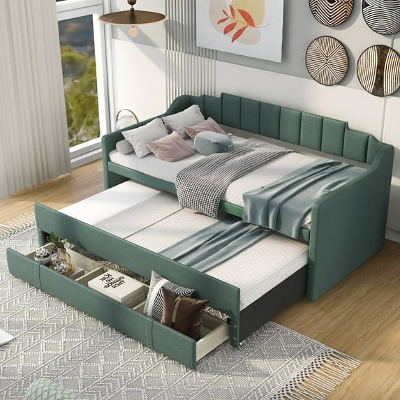 Harper & Bright Designs Twin Size Upholstered Daybed with Trundle and 3 Drawers Wooden Captain’s Bed Daybed Frame with Storage for Bedroom, Green