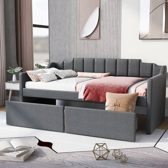 Churanty Twin Size Upholstered Daybed with Two Drawers, Sofa Bed Wood Bed Frame with Swooping Arms, Gray