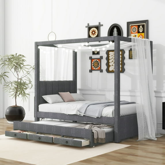 Harper & Bright Designs Twin Size Upholstery Canopy Platform Bed with Trundle and 3 Storage Drawers, Captain Platform Bed Frame with 4-Poster Canopy Roof, Gray