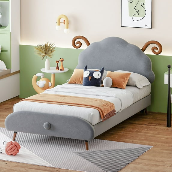 Harper & Bright Designs Twin Size Velvet Platform Bed with Sheep Shaped Headboard, Upholstered Platform Bed Frame for Boys and Girls, Gray