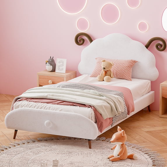 Harper & Bright Designs Twin Size Velvet Platform Bed with Sheep Shaped Headboard, Upholstered Platform Bed Frame for Boys and Girls, White