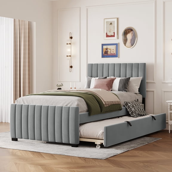 Harper & Bright Designs Twin Size Velvet Upholstered Platform Bed with Twin Size Trundle, Gray