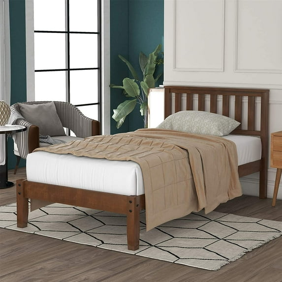 Harper & Bright Designs Twin Size Wood Bed Frame with Headboard, Walnut