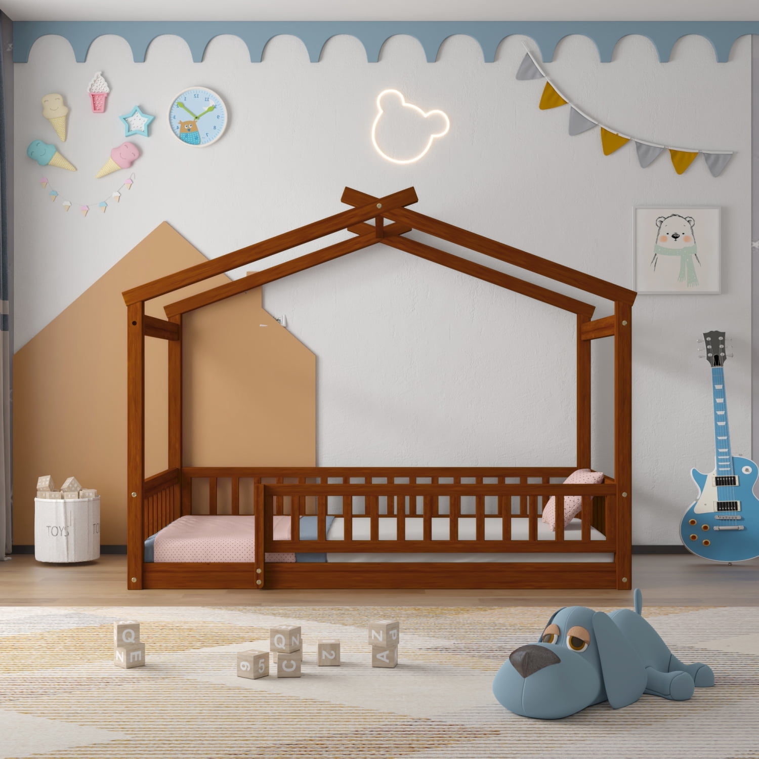 Harper & Bright Designs Twin Size Wood Floor Bed Frame, Twin House-Shaped Bed Daybed with Fence for Girls Boys, Walnut