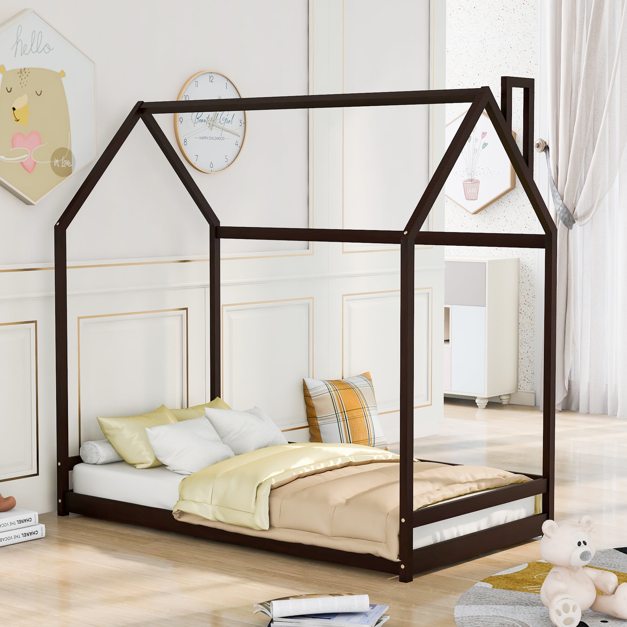 Harper & Bright Designs Twin Size Wood Floor House Bed, Wooden Bedframe with Roof for Kids Teens, Espresso