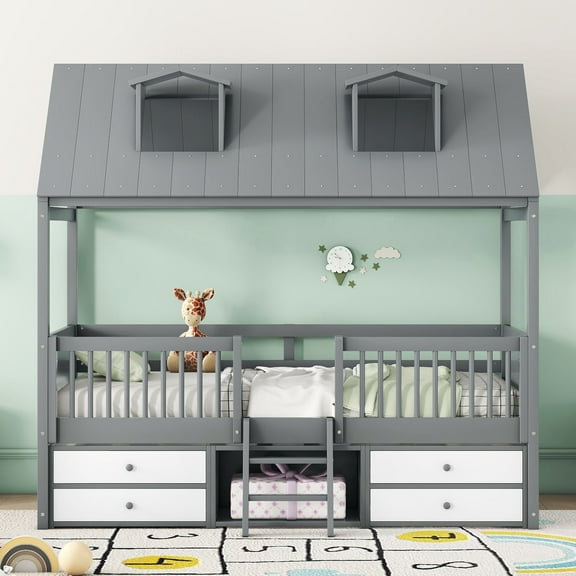 Harper & Bright Designs Twin Size Wood House Bed Frame with Fence and 4 Storage Drawers, Playhouse Tent Bed with Roof and 2-step Ladder for Boys Girls Teens Bedroom, Gray