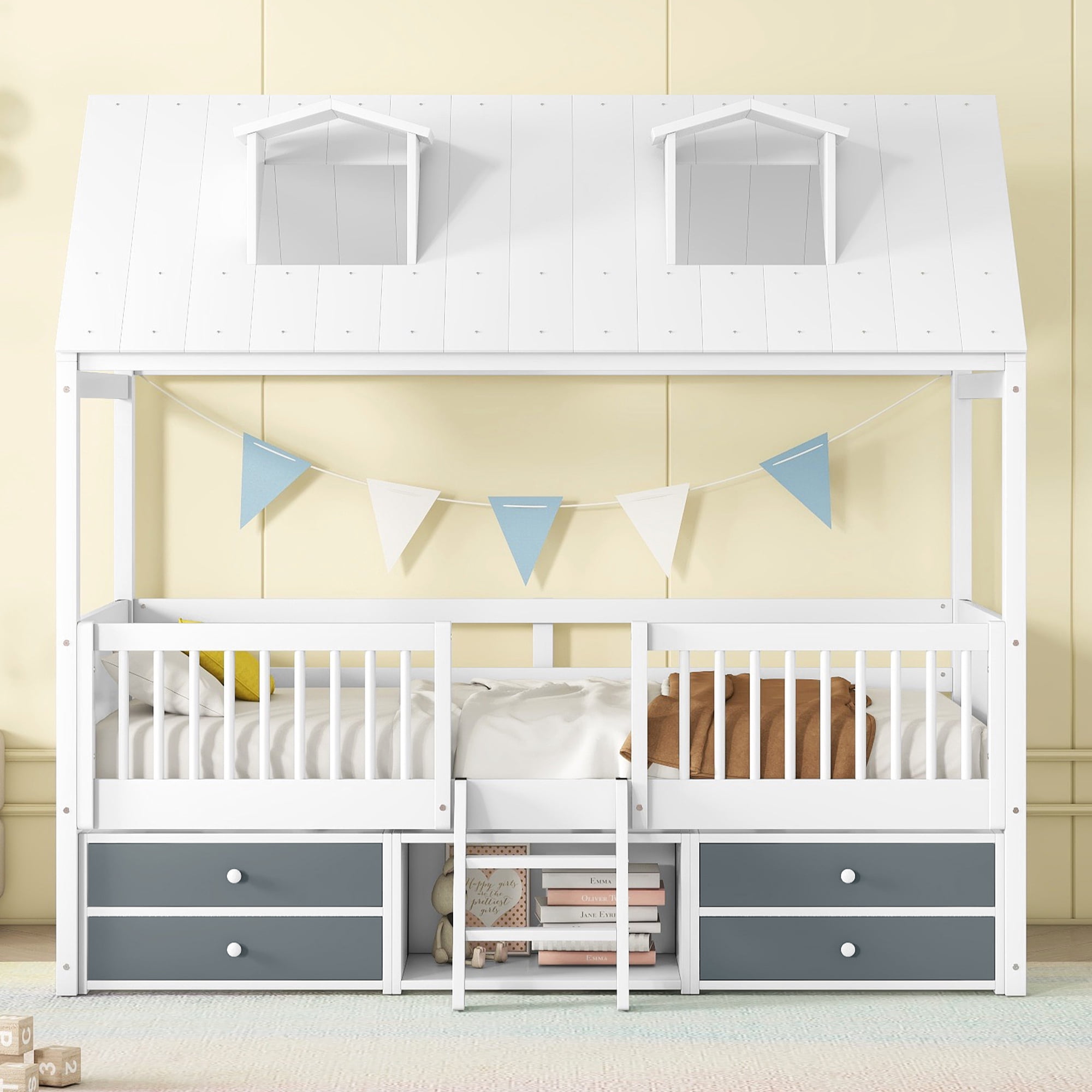 Harper & Bright Designs Twin Size Wood House Bed Frame with Fence and 4 Storage Drawers, Kids Playhouse Tent Bed with Roof and 2-step Ladder for Boys Girls Teens Bedroom, White