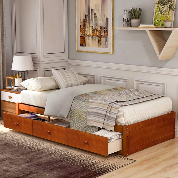 Harper & Bright Designs Twin Size Wood Platform Bed with 3 Drawers Storage Bed, Oak